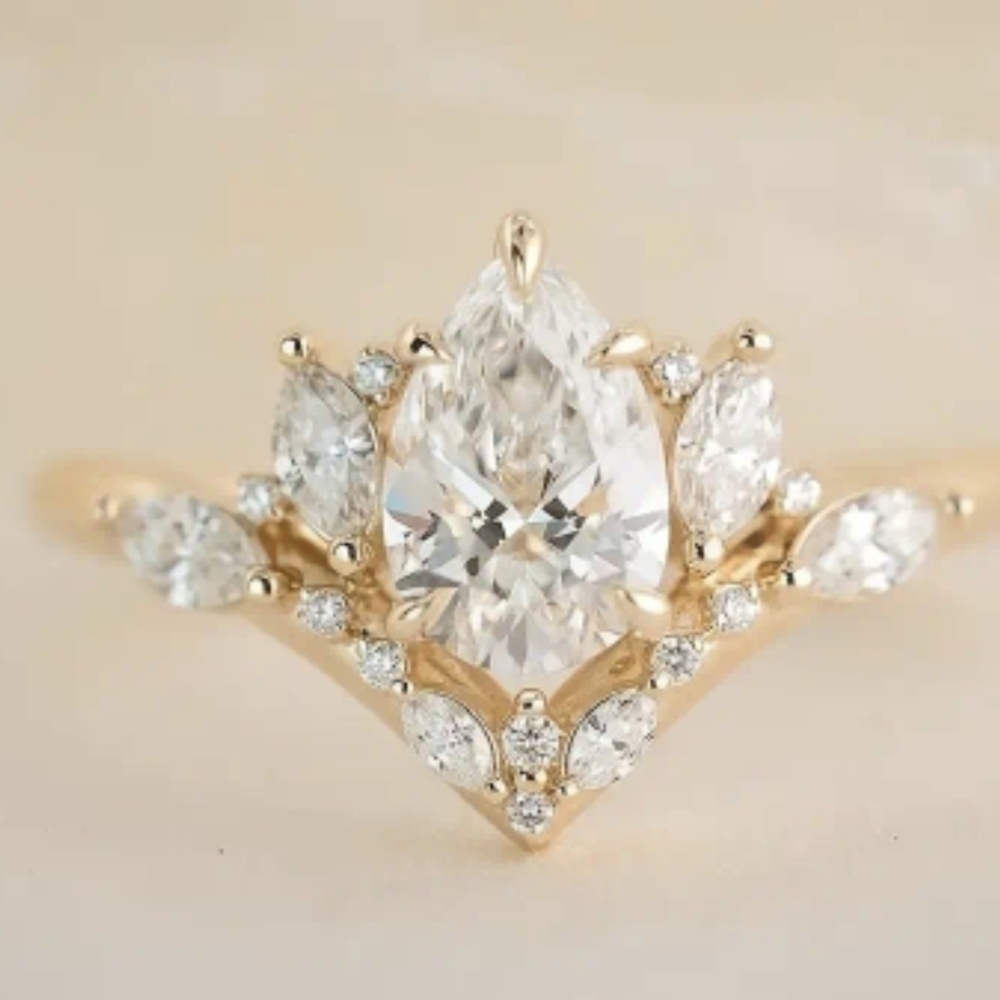 GRA Certified 2 Carat Pear Cut Moissanite Ring W/ Marquise& Round Accents Size 6